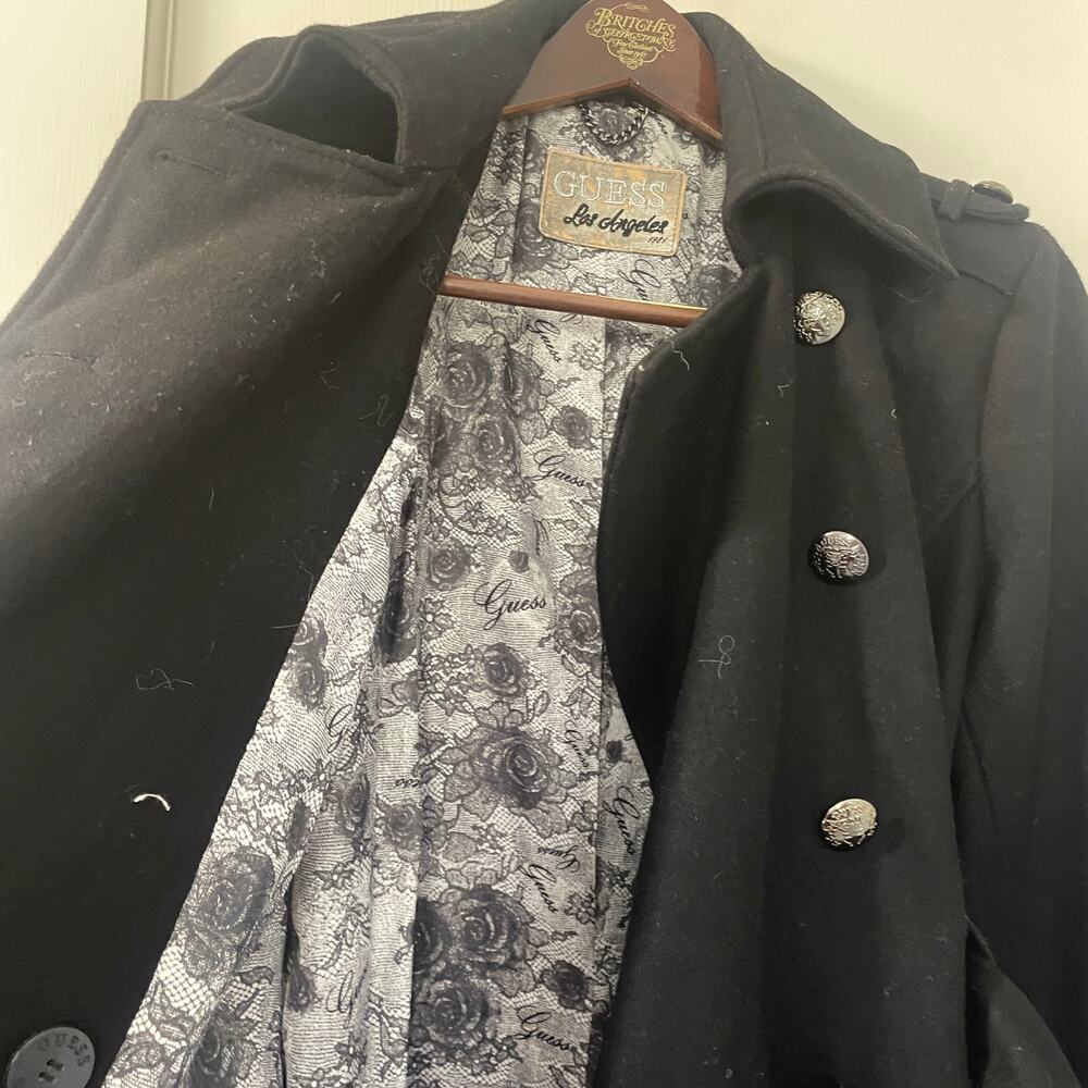 GUESS Black Wool Double Breasted Peacoat with Ruffle Size M - Picture 15 of 15